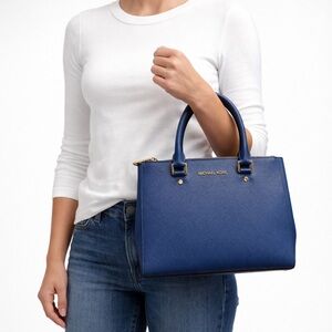 Michael Kors Blue Sutton Saffiano Leather Purse Satchel Medium Tote Handbag